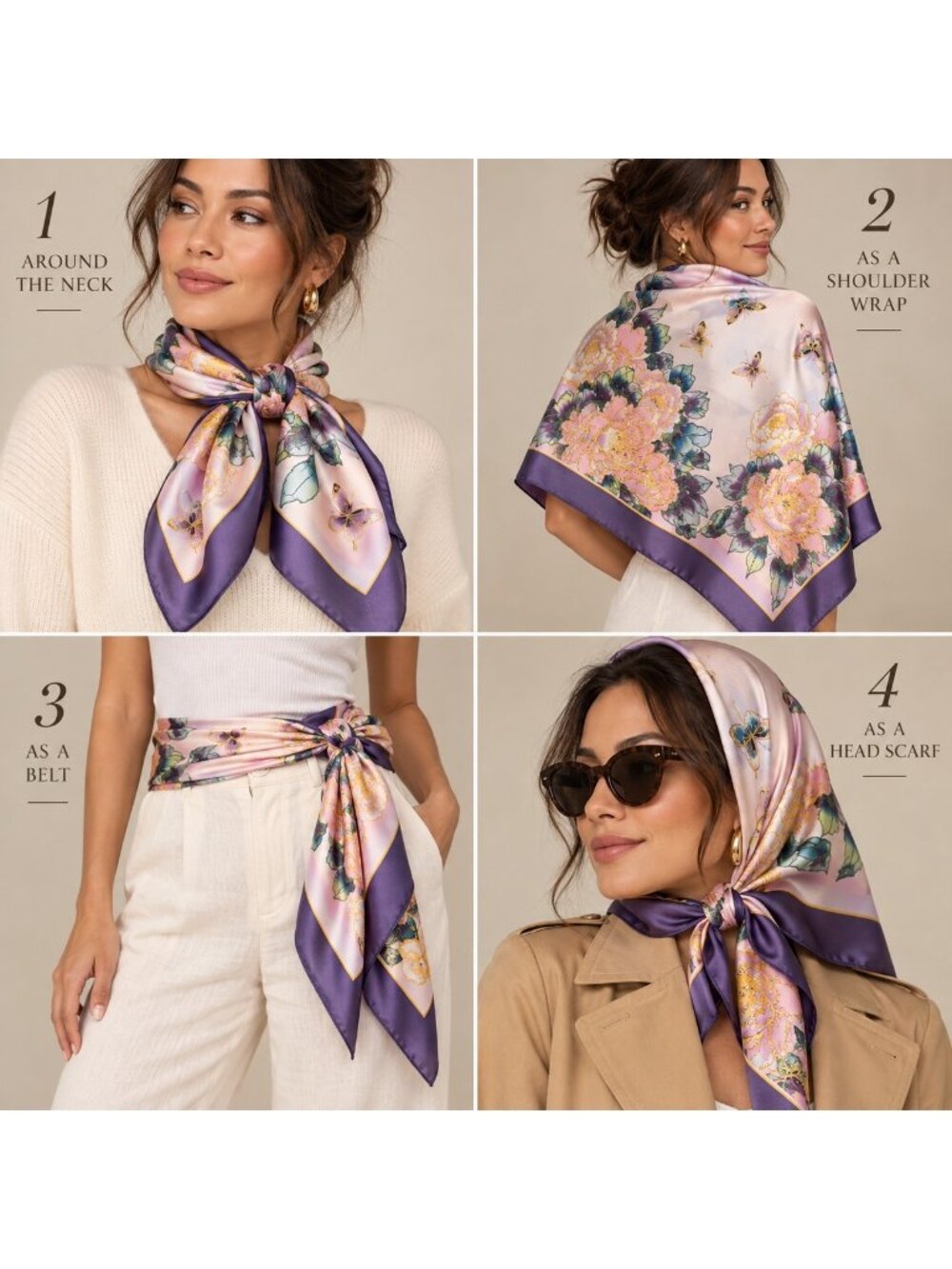 100% Silk Scarf 42x43 Oversized Square Peony Floral Butterfly Purple Pink